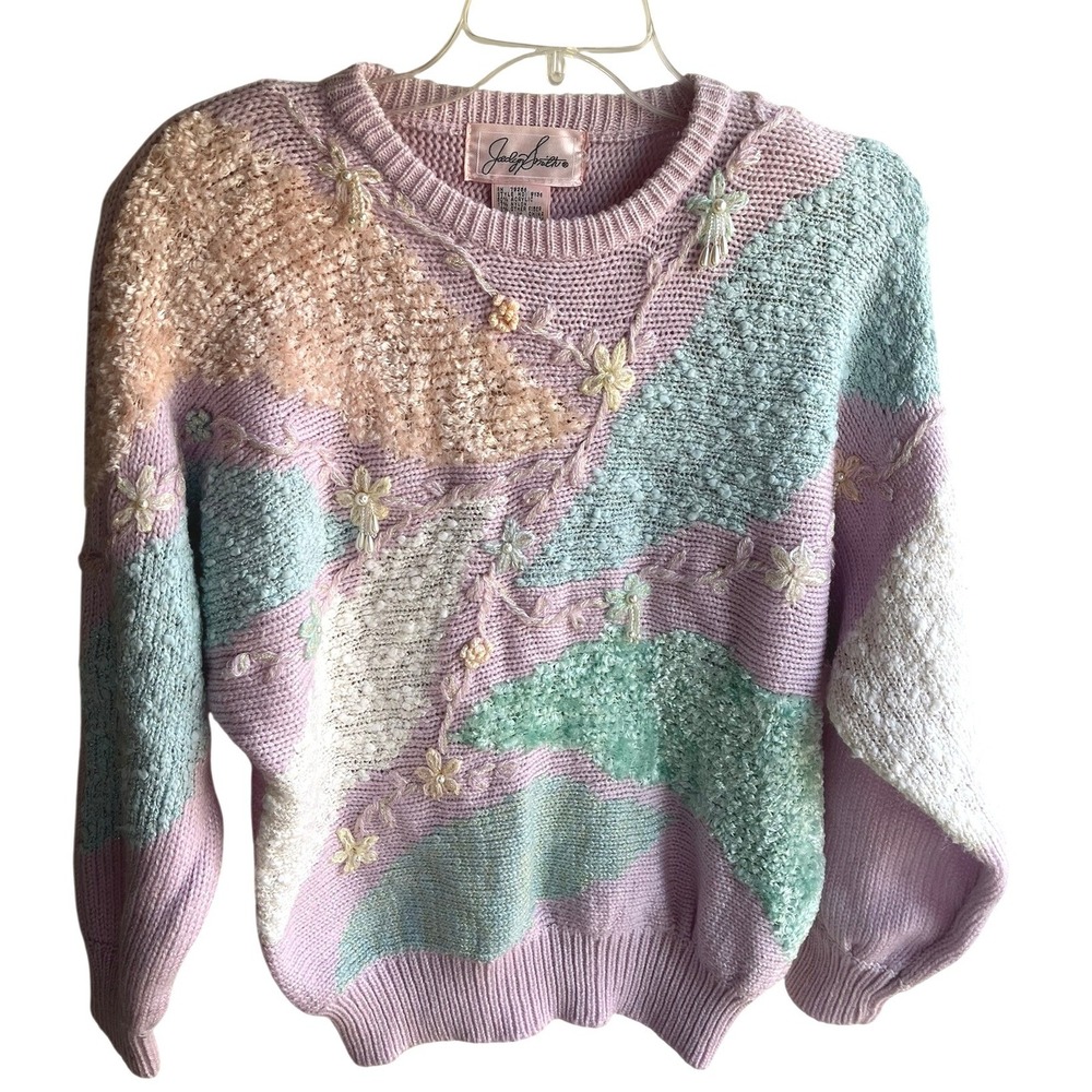 Vintage Jaclyn Smith 70's Pastel Pearl‎ Beaded Feminine Crew Neck Knit Sweater M